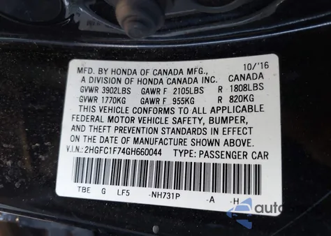 2016 Honda Civic Ex-L from USA, damaged, VIN 2HGFC1F74GH660044